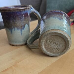 Vintage Neher 1994 Handcrafted Ceramic Mugs - Blue and Brown Purple